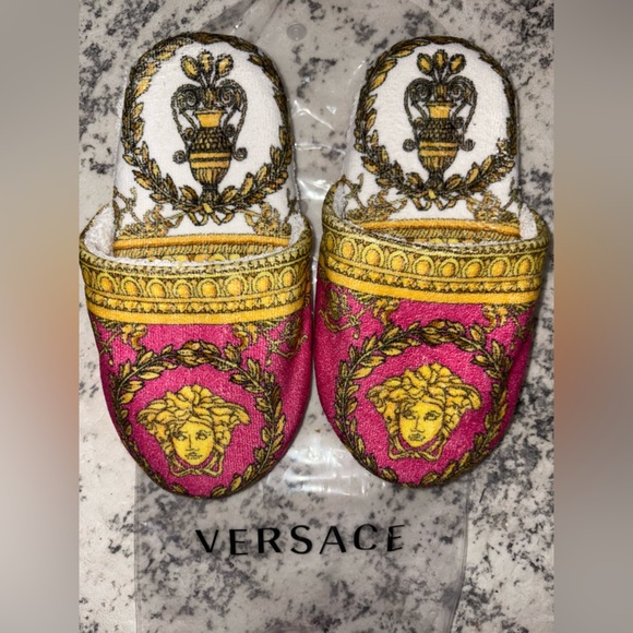 Versace Pink and Gold Medusa Slippers - Picture 1 of 12